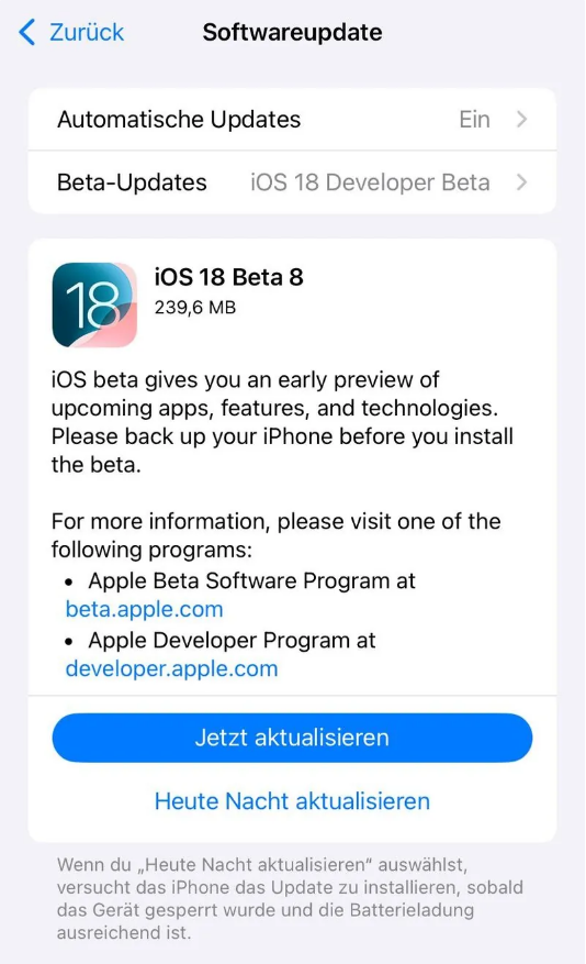 柳城苹果手机维修分享苹果 iOS / iPadOS 18 开发者预览版 Beta 8 发布 